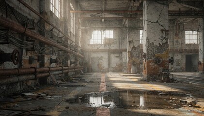 Abandoned Industrial Warehouse with Cracks and Water Puddles
