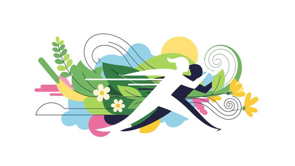 Woman Running Freely with Floral Elements.