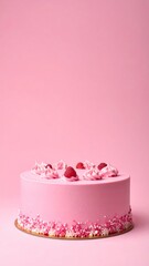 Pink Cake with Raspberries on Golden Board with Pink Background and White Sprinkles