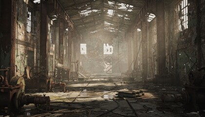 Decaying Industrial Warehouse with Sunlight Streaming Through Windows