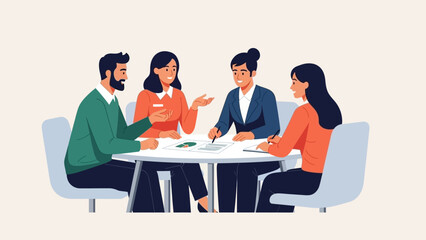 Four People Sitting Around Table Discussing.