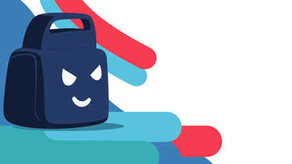 Dark Blue Backpack with Evil Face Illustration.