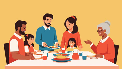 Family Gathering Around Dinner Table Together.