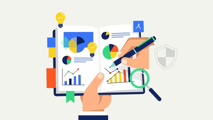 Hand holding tablet with data analysis graphics.