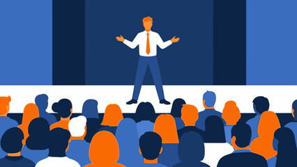 Man Standing on Stage Presenting to Audience.