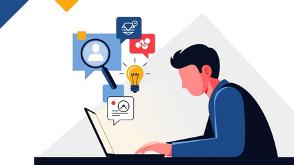 Man Working on Laptop with Icons.