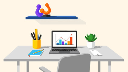 Modern Office Desk with Laptop and Stationery.