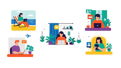 People Working on Laptops in Various Settings.