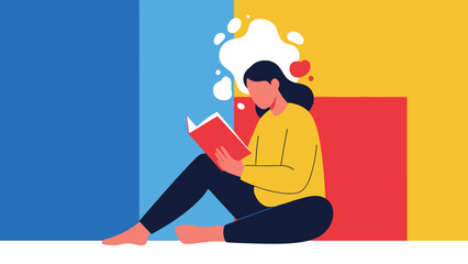 Woman Sitting Reading Book Thoughtful Expression.