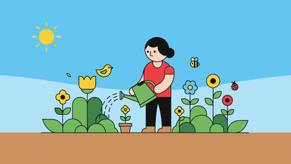 Woman Watering Flowers in Garden.