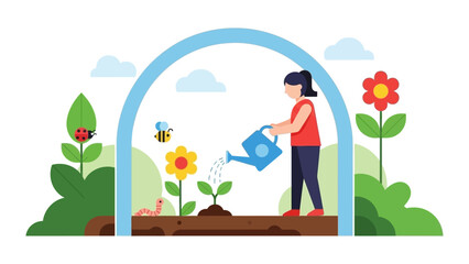 Woman Watering Plants in Garden Archway.