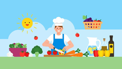 Chef Preparing Fresh Vegetables in Kitchen.