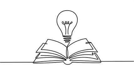 Continuous Line Drawing: Open Book & Lightbulb - Knowledge, Ideas, Education Concept Art