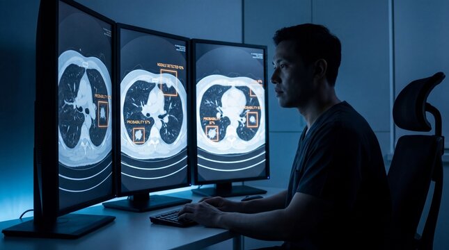 Radiologist analyzing lung CT scans with AI assistance on multiple monitors.