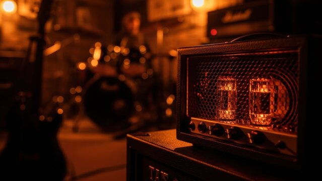 Vintage Tube Guitar Amplifier with Glowing Tubes and Blurred Band in the Background