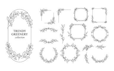 Obraz premium Trendy Greenery Floral Frames and Botanical Line Art Borders