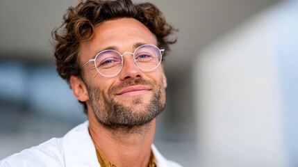 Smiling man takes casual photo. A man with curly hair and glasses smiles while standing outdoors in a relaxed setting during daytime.