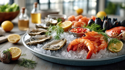 Fresh seafood platter with oysters, shrimp, and lemon on ice in a market or shop