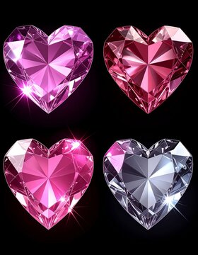 Four Heart Shaped Pink and Silver Jewels on Black Background
