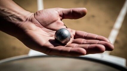 Close-up view of a metallic shot put ball held in an open palm, ready for a sport