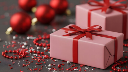 Pink christmas gifts with red ribbons and ornaments on a table