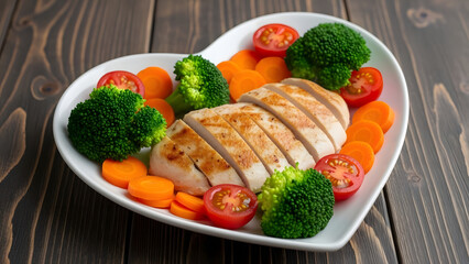 Heart shaped plate of grilled chicken and vegetables