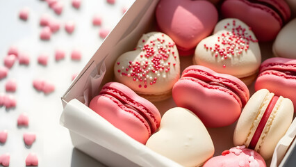 Assorted pink and white macarons in a box with sprinkles