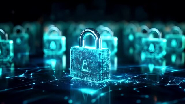Firewall protection. Internet cyber security. Hightech. Technology. Encryption and decryption. A digital artwork depicting a series of illuminated padlocks on a digital surface.