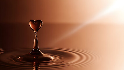 Heart shaped water drop on surface with ripples and sunlight