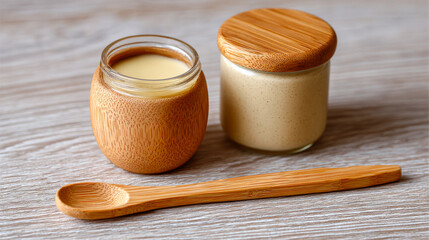 Jars of assorted spreads on table. Two jars of spreads sit on a wooden table with a matching spoon beside them. One jar contains a creamy spread.