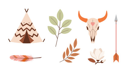 Boho Tribal Elements with Teepee, Skull, and Nature Vector Set © Arter