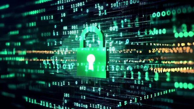 Firewall protection. Internet cyber security. Hightech. Technology. Encryption and decryption. green padlock on digital matrix background with binary code and glowing lights.