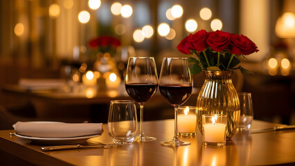 Romantic dinner setup with wine glasses and candles