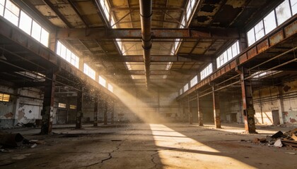 Sunlight Streams Through Windows of Abandoned Industrial Warehouse
