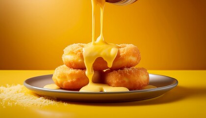 Golden Nuggets Cheese Sauce Cascading Over Donuts On Sunny Yellow Backdrop