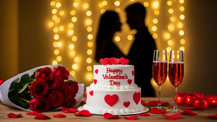 Romantic valentine's day setup with cake and champagne