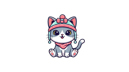 Cute cartoon cat wearing pink headband and scarf