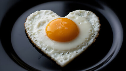 Heart shaped fried egg on a black plate for breakfast