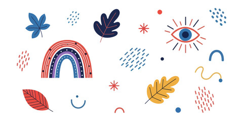 Boho Abstract Elements Collection with Rainbow Leaves and Mystic Eye Vector