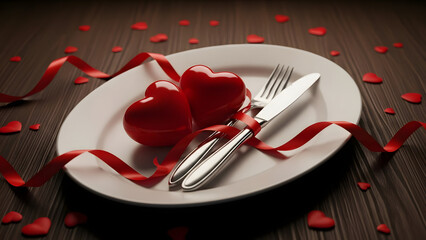 Romantic dinner setup with red hearts and rose petals