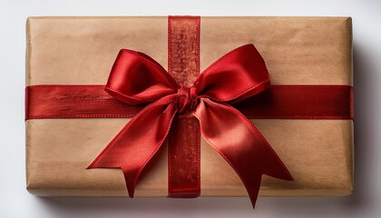 A Gift Box Wrapped In Brown Paper And Tied With A Red Ribbon And Bow Isolated On Transparent Background