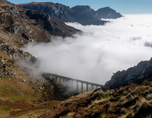 Stone Bridge Connecting Cliffs Over Fog Concept
