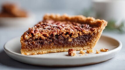 Pecan pie piece with crumbs on soft lavender table surface
