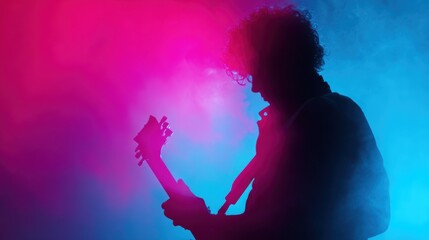 Performer mid-strum with smoke ribbons in cyan and magenta for birthday gift celebration