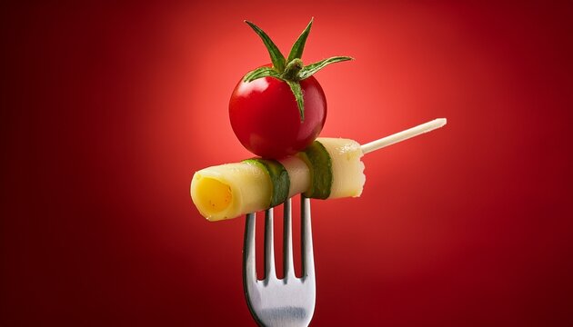 apetizer on a bleck fork isolated on red background