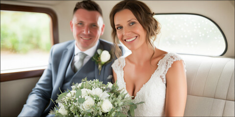 Newlyweds feeling joy and intimacy, celebrating their marriage in an old fashioned vehicle on their wedding day