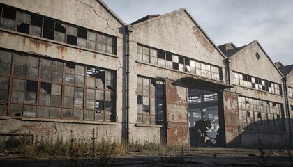 Abandoned Industrial Warehouse with Broken Windows and Crumbling Walls