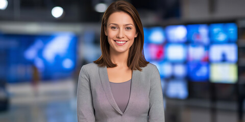 Confident female news anchor reporting information in a contemporary television studio, surrounded by digital screens and technology