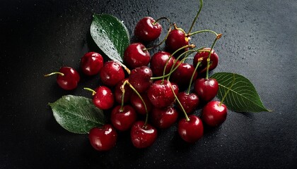 Fresh Red Cherries With Leaves On A Black Background