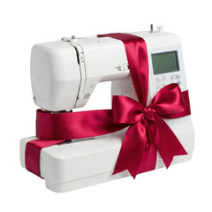 Modern Sewing Machine Wrapped with a Red Ribbon as a Gift, transparent background